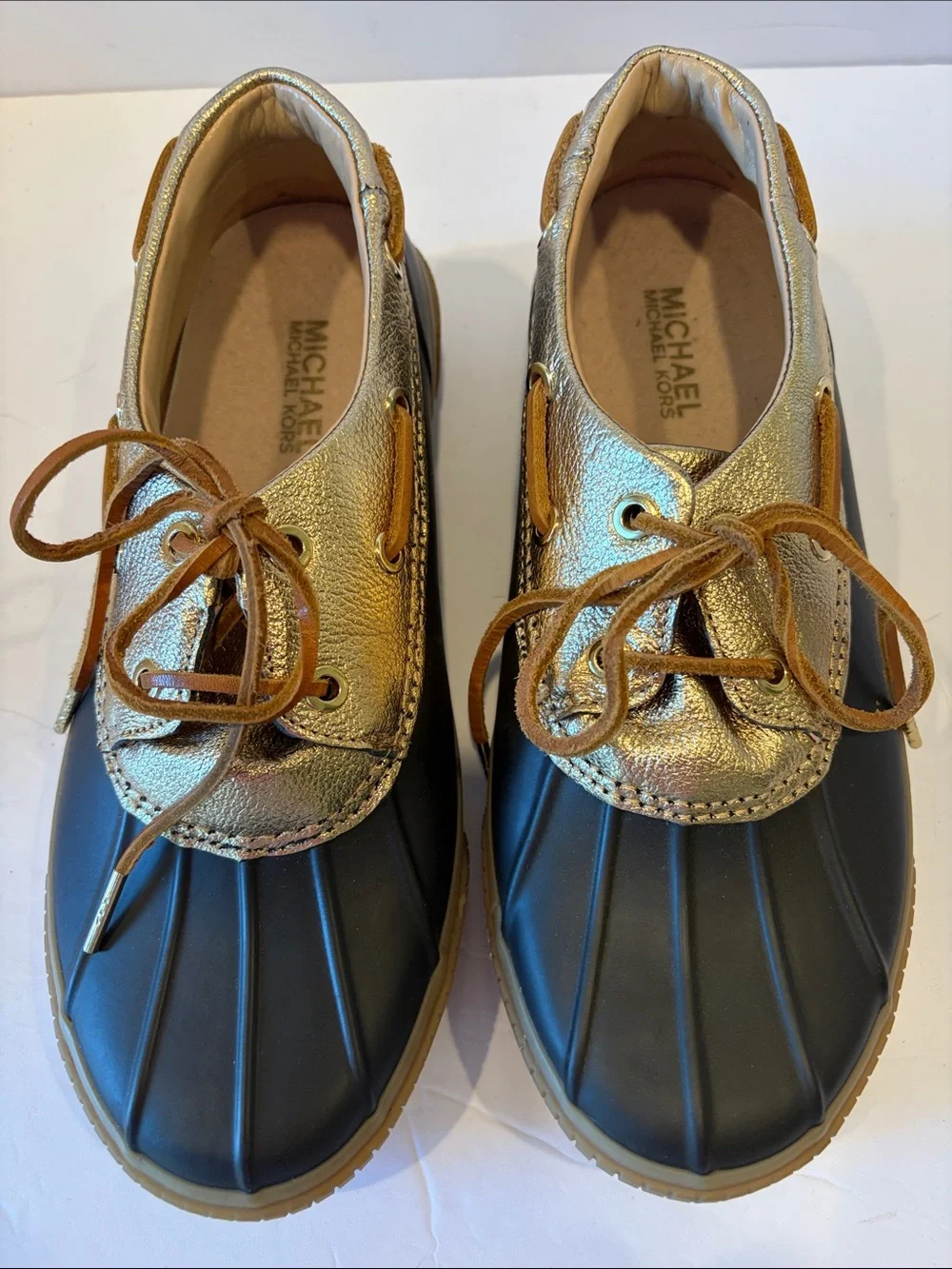 Michael Kors Gold Metallic and Black Duck shoes